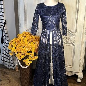 Reimagined Navy Blue Lace and Sequin Front Slit Gown